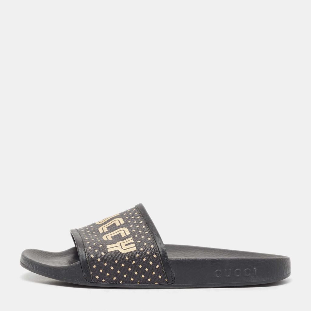 Gucci Black Leather and Canvas Guccy Flat Slides Size 40