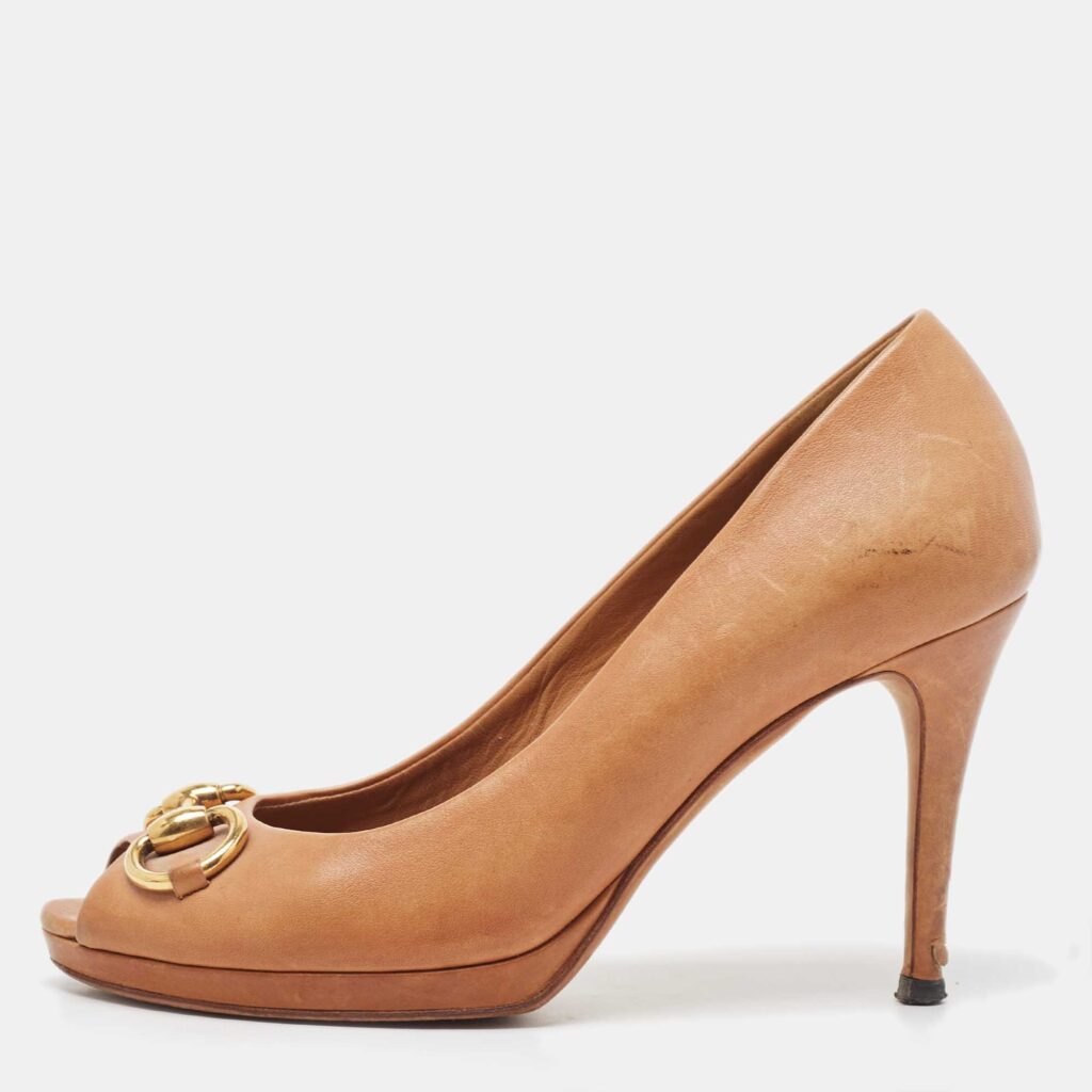 luxury-women-gucci-used-shoes-p918288-003 Gucci Brown Leather Jolene Open Toe Pumps Size 38