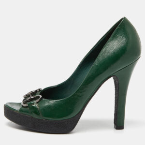 Gucci Green Patent Leather Horsebit Peep Toe Pumps Size 36