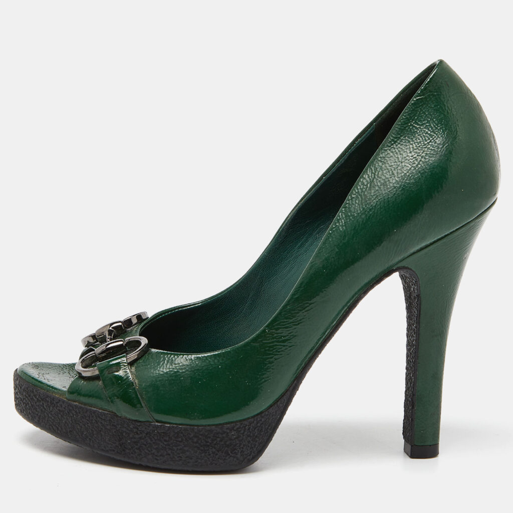 luxury-women-gucci-used-shoes-p918372-010 Gucci Green Patent Leather Horsebit Peep Toe Pumps Size 36