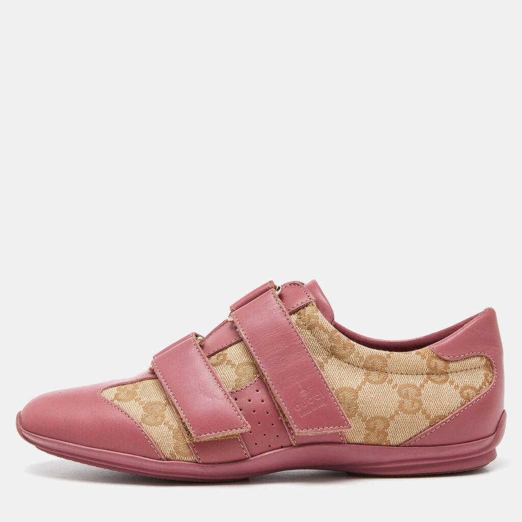 luxury-women-gucci-used-shoes-p919575-010 Gucci Beige/Pink GG Canvas and Leather Low Top Sneakers Size 35