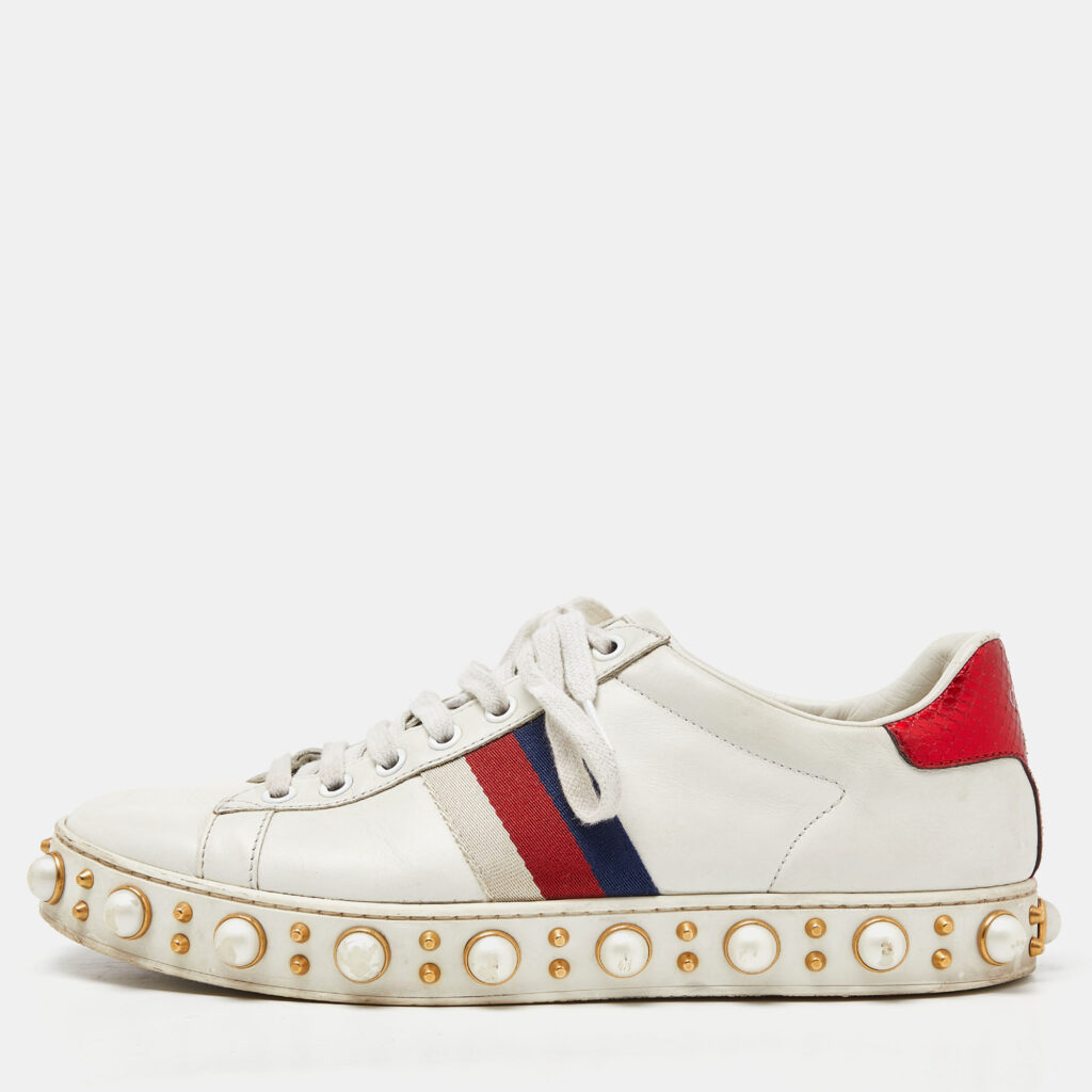 luxury-women-gucci-used-shoes-p919578-010 Gucci White Leather Web Detail New Ace Faux Pearl Embellished Low Top Sneakers Size 39