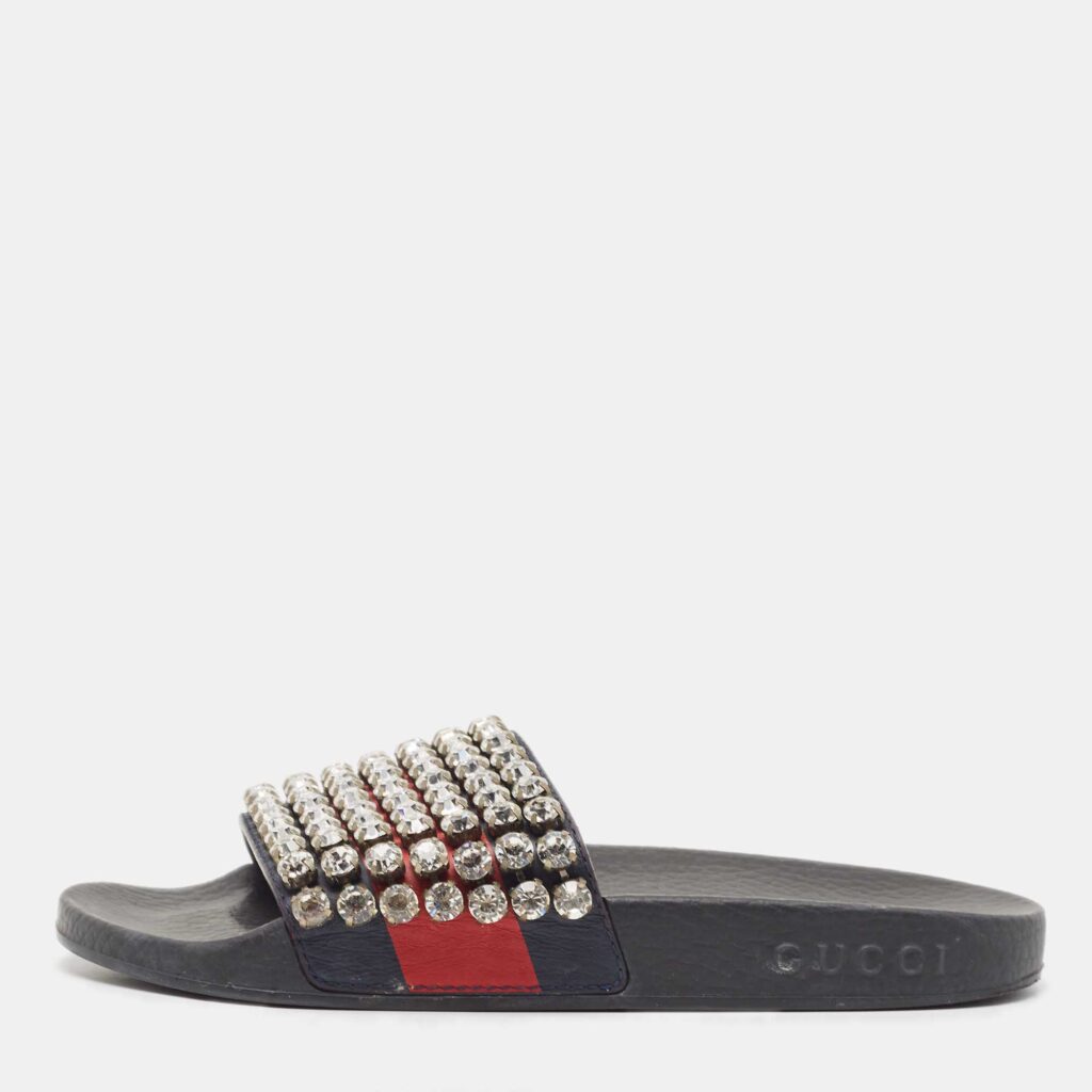 luxury-women-gucci-used-shoes-p920351-003 Gucci Navy Blue/Red Web Leather Crystal Embellished Slides Size 35