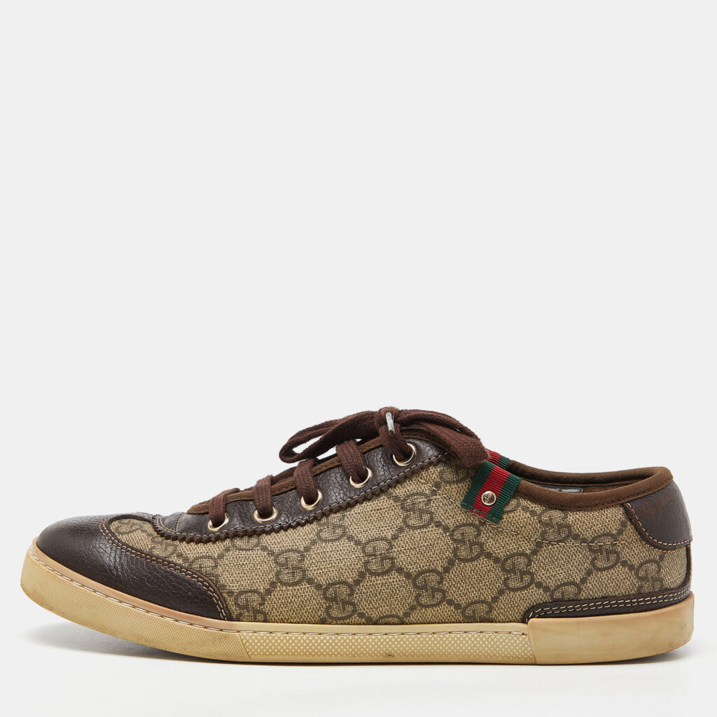 luxury-women-gucci-used-shoes-p921252-010 Gucci Beige/Brown GG Supreme Canvas and Leather Web Lace Up Sneakers Size 37.5
