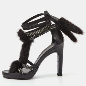 Gucci Black Python Leather and Mink Fur Crystal Embellished Ankle Wrap Sandals Size 36