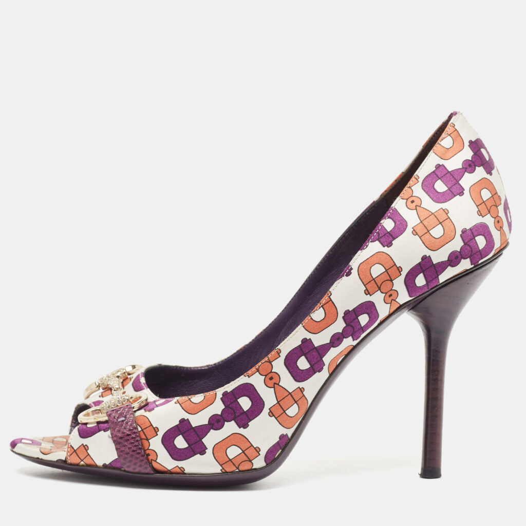 luxury-women-gucci-used-shoes-p930779-005 Gucci Multicolor Satin Horsebit Peep Toe Pumps Size 38.5