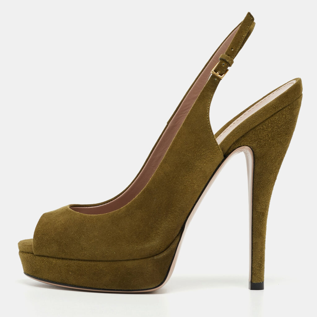 luxury-women-gucci-used-shoes-p931478-010 Gucci Green Suede Sofia Slingback Platform Pumps Size 38.5