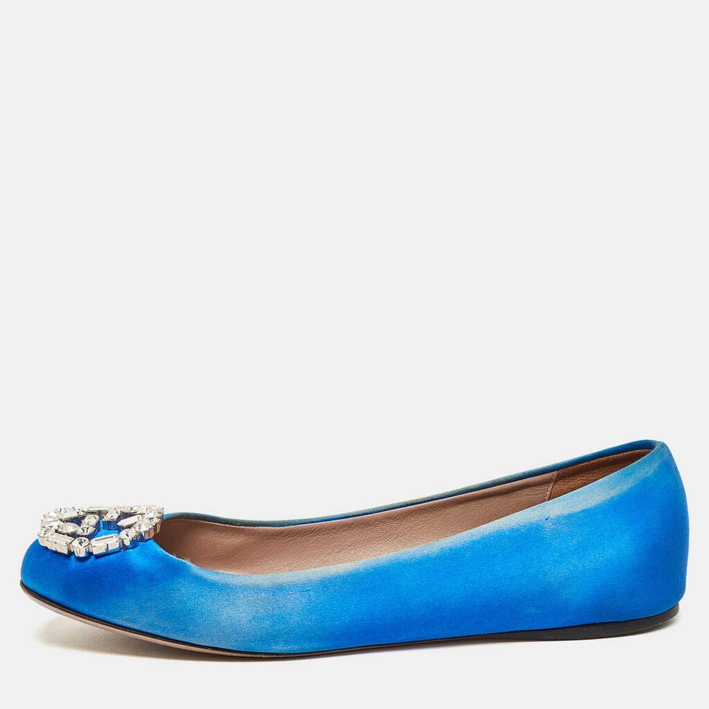 luxury-women-gucci-used-shoes-p934209-005 Gucci Blue Satin Interlocking G Crystals Ballet Flats Size 37.5