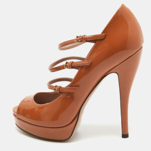 Gucci Brown Patent Leather Lisbeth Open Toe Pumps Size 38.5