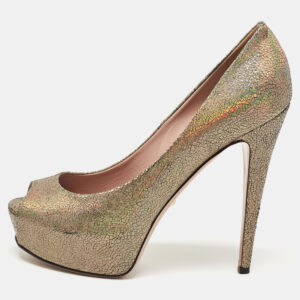 Gucci Metallic Textured Suede Open Toe Platform Pumps Size 40
