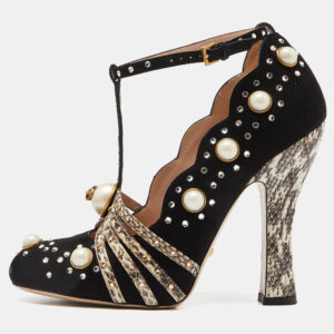 Gucci Black/Beige Snakeskin and Suede  Embellished Platform Pumps Size 37