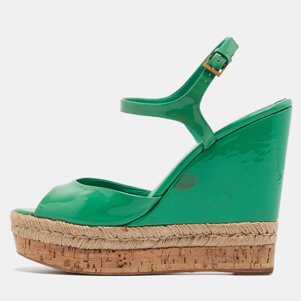 luxury-women-gucci-used-shoes-p964407-001 Gucci Green Patent Microguccissima Hollie Wedge Sandals Size 39.5