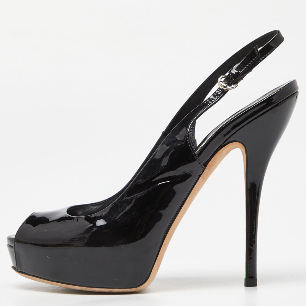 luxury-women-gucci-used-shoes-p966375-009 Gucci Black Patent Leather Peep Toe Slingback Sandals Size 38