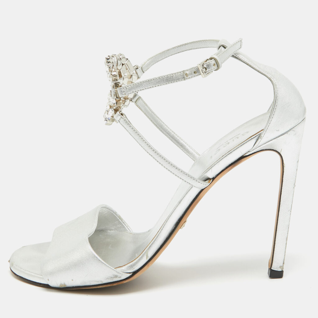 luxury-women-gucci-used-shoes-p968910-001 Gucci Silver Leather Crystal Embellished GG Logo Ankle Strap Sandals Size 37.5