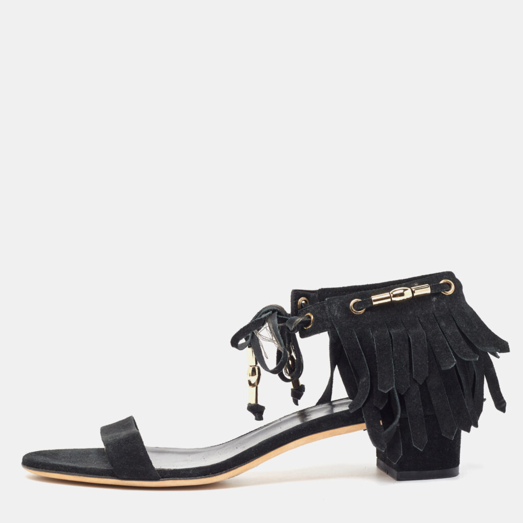 luxury-women-gucci-used-shoes-p969421-001 Gucci Black Suede Fringe Ankle Strap Sandals Size 39