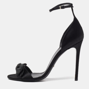 Gucci Black Satin Crystal Embellished Bow Open Toe Ankle Strap Sandals Size 41