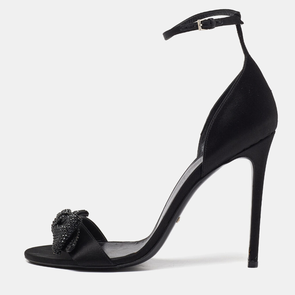 luxury-women-gucci-used-shoes-p975287-001 Gucci Black Satin Crystal Embellished Bow Open Toe Ankle Strap Sandals Size 41