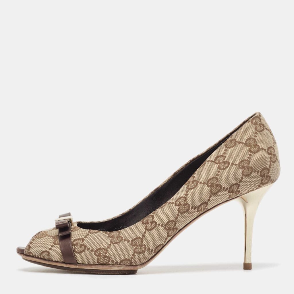 luxury-women-gucci-used-shoes-p982141-003 Gucci Beige/Brown Canvas and Leather Peep Toe Pumps Size 39