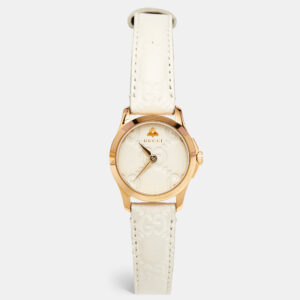 gucci cream gold plated stainless steel leather g-timeless 126.5 women's wristwatch 27 mm