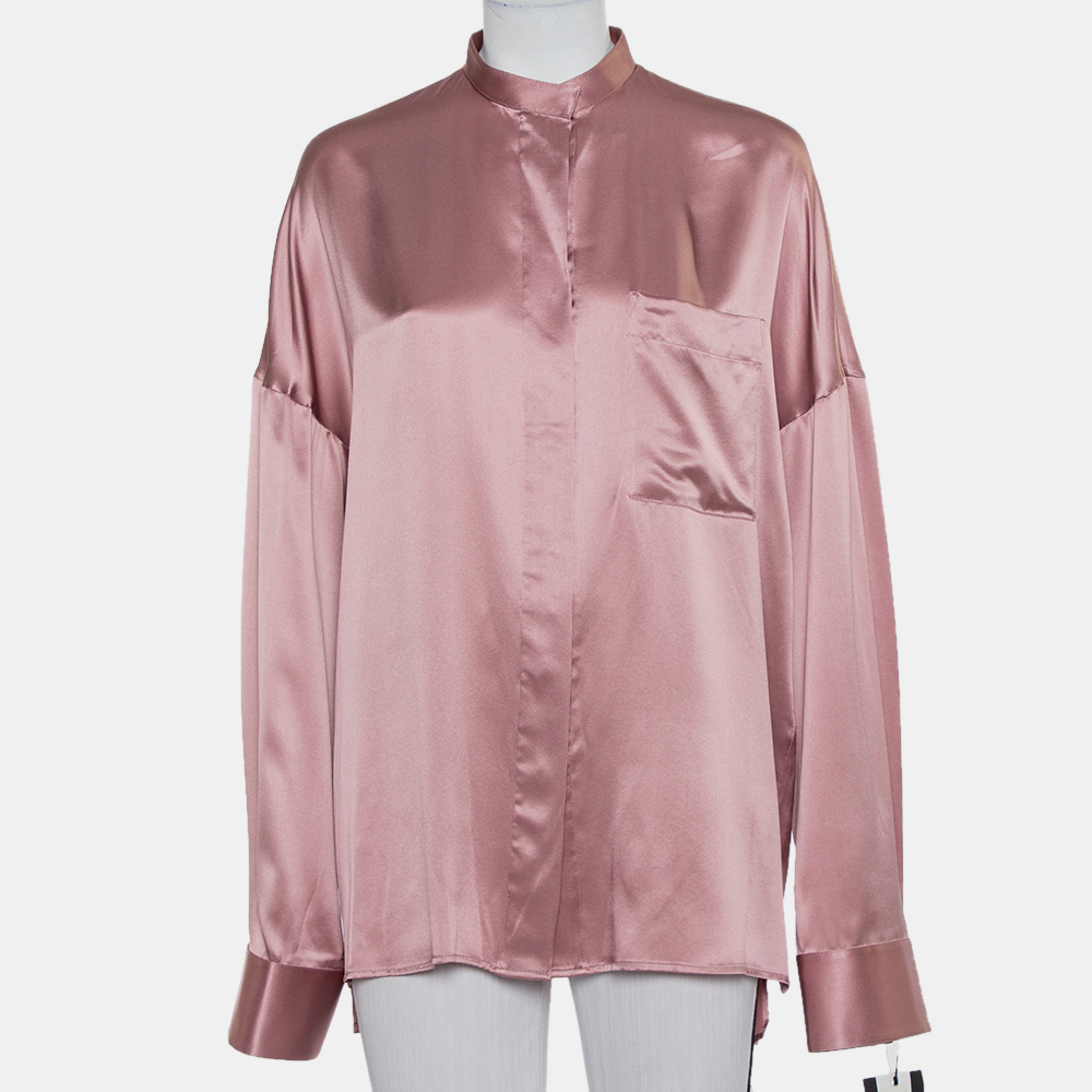 luxury-women-haider-ackermann-new-clothes-p432212-007 Haider Ackermann Pink Silk Satin Stand Collar Drop Shoulder Detail Dali Shirt M