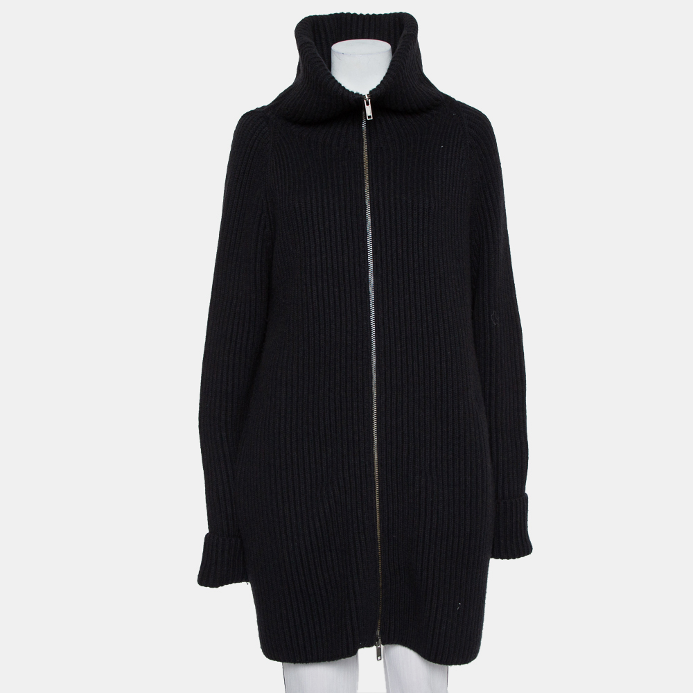 luxury-women-haider-ackermann-used-clothes-p431460-011 Haider Ackermann Black Wool Knit Collared Zip Front Oversized Long Cardigan XXS