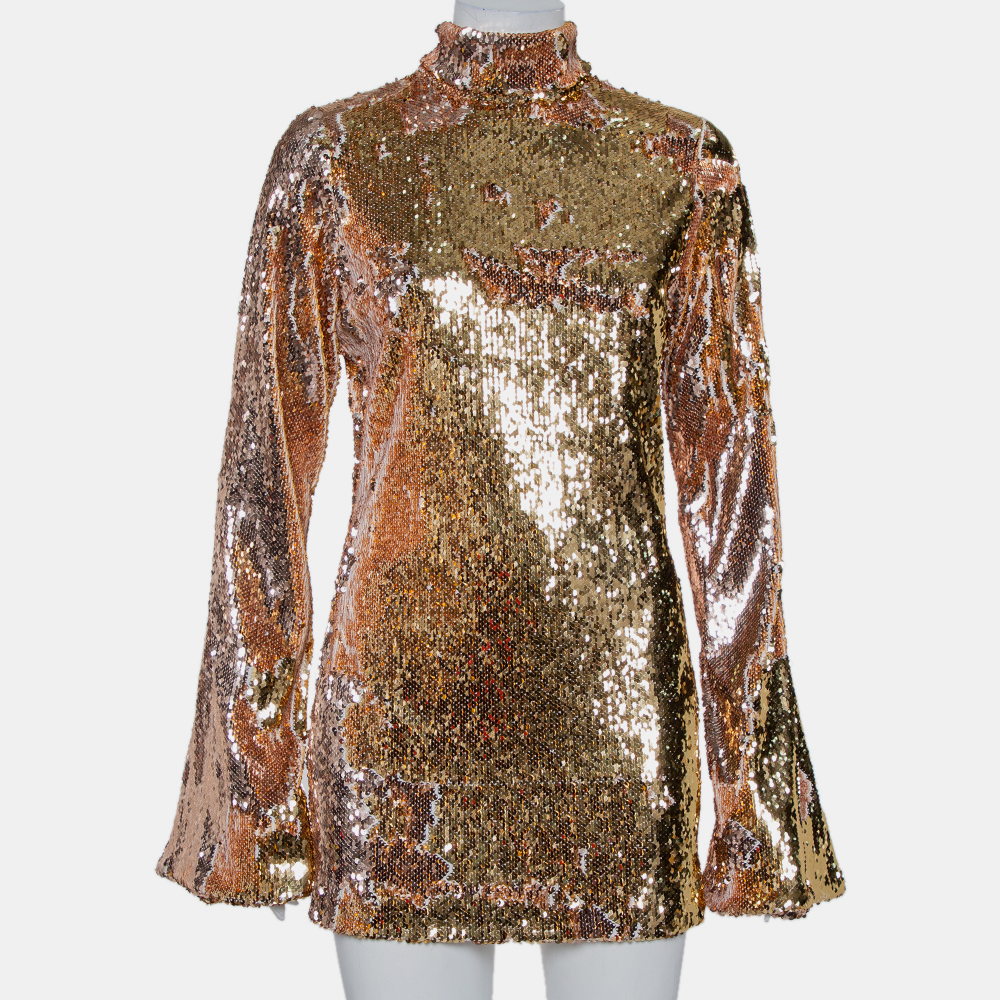luxury-women-halpern-new-clothes-p434022-010 Halpern Gold Sequin Embellished Knit Bell Sleeve Detail Mini Dress S