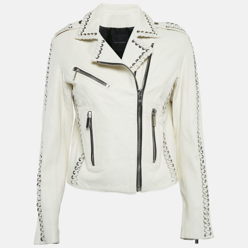 luxury-women-hariom-singh-used-clothes-p1106006-002 Nour Hammour White Leather Lace-Up Detail Jacket S