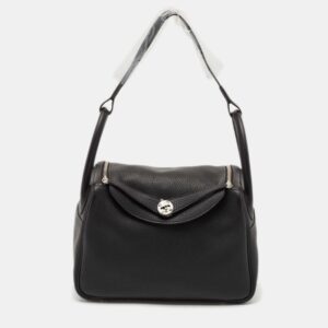Hermes Noir Taurillon Clemence Leather Palladium Finish Lindy 30 Bag