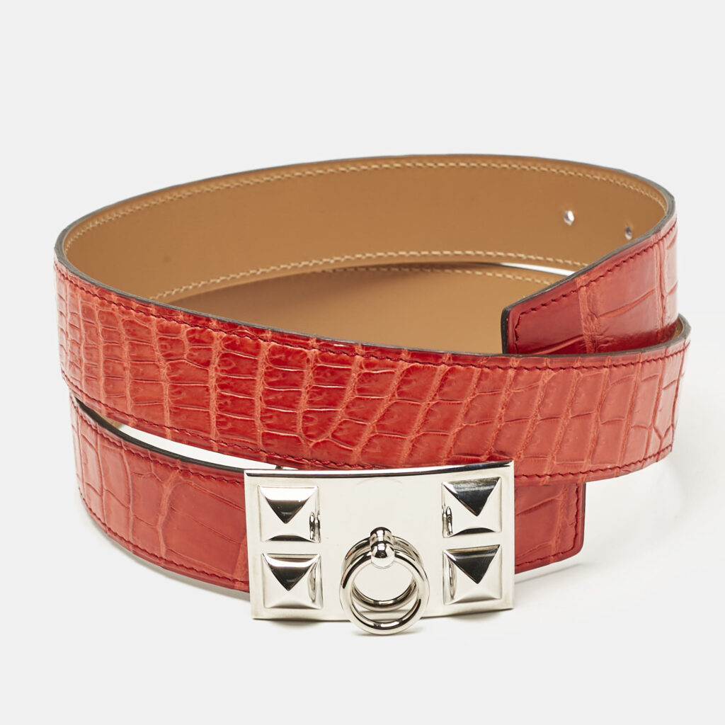 luxury-women-hermes-used-accessories-p1118131-001 Hermes Geranium Crocodile Porosus Collier De Chien Reversible Belt 85 CM
