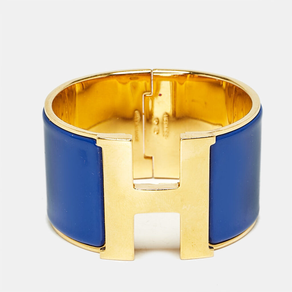 luxury-women-hermes-used-accessories-p1154253-001 Hermès Clic Clac H Blue Enamel Gold Plated Bracelet