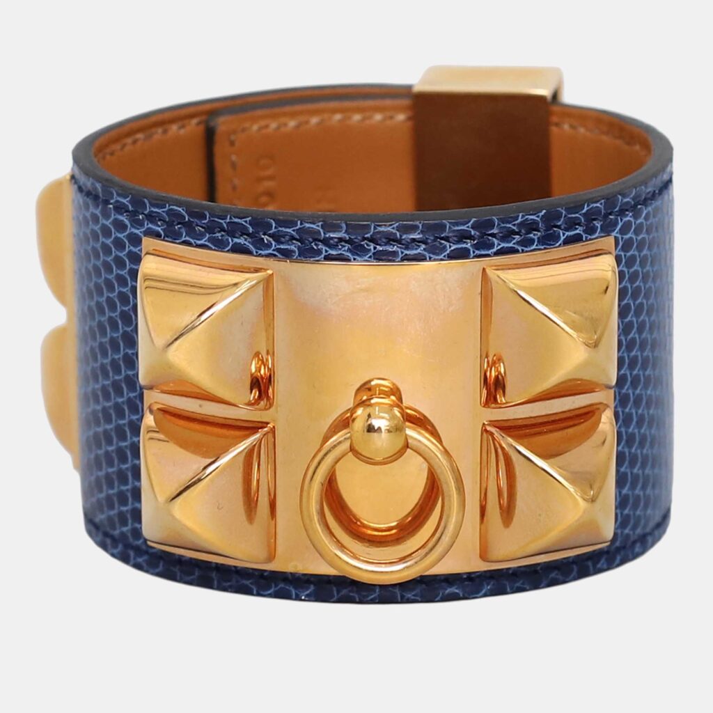 luxury-women-hermes-used-accessories-p1163009-002 Hermes Blue Lizard Leather Collier De Chien Bracelet