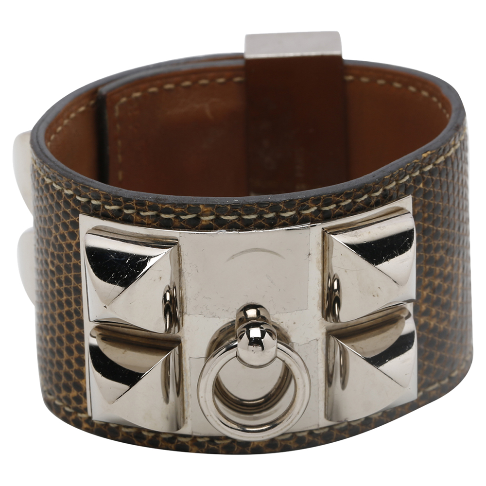 luxury-women-hermes-used-accessories-p580410-001-1 Hermes Brown Leather Lizard Collier de Chien Wide Bracelet
