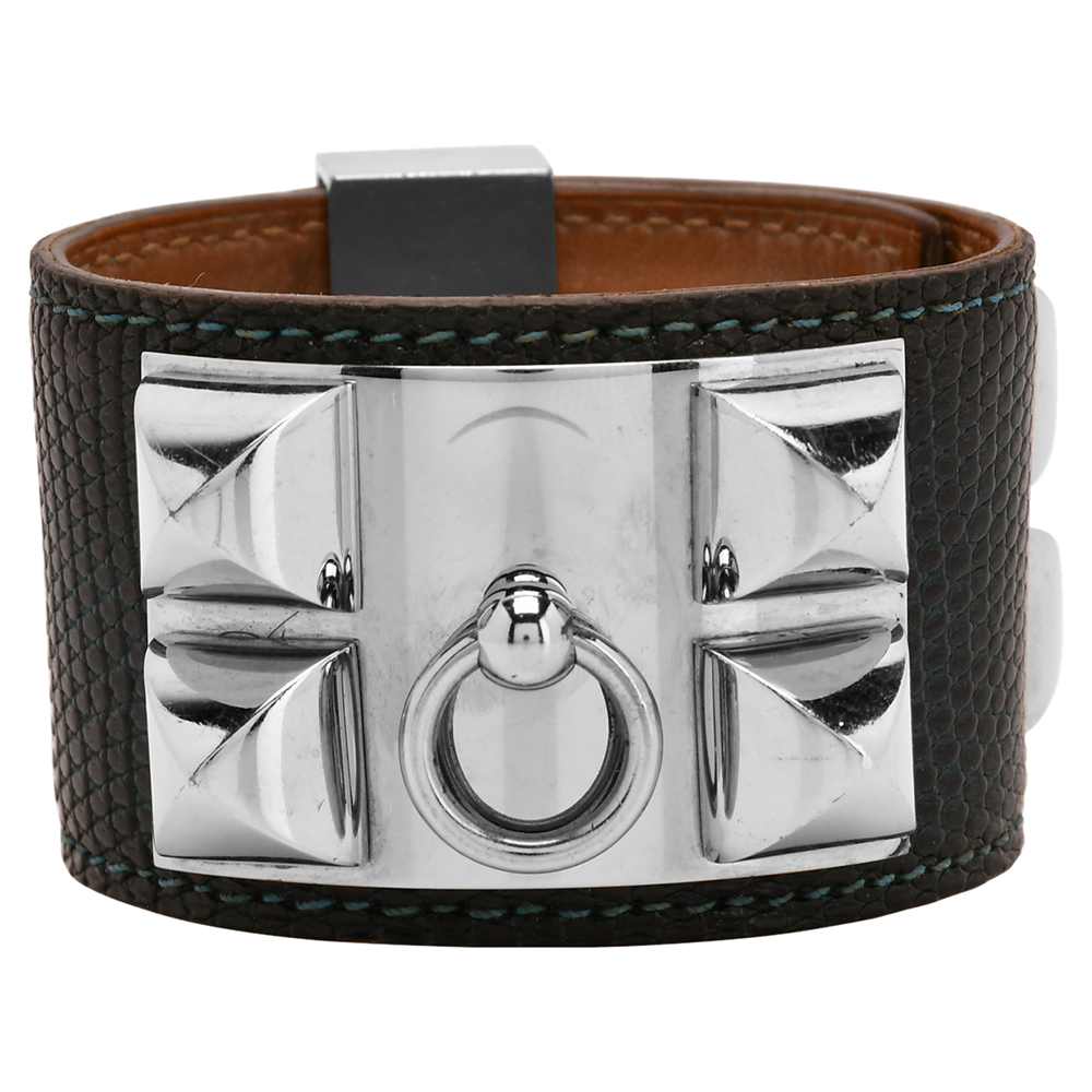 luxury-women-hermes-used-accessories-p580412-015-2 Hermes Blue Leather Lizard Collier de Chien Wide Bracelet
