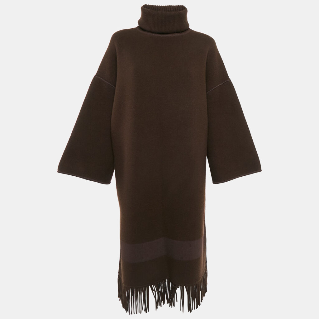 luxury-women-hermes-used-clothes-p1096967-007 Hermes Brown Wool Knit Fringed Turtle-Neck Poncho Coat M