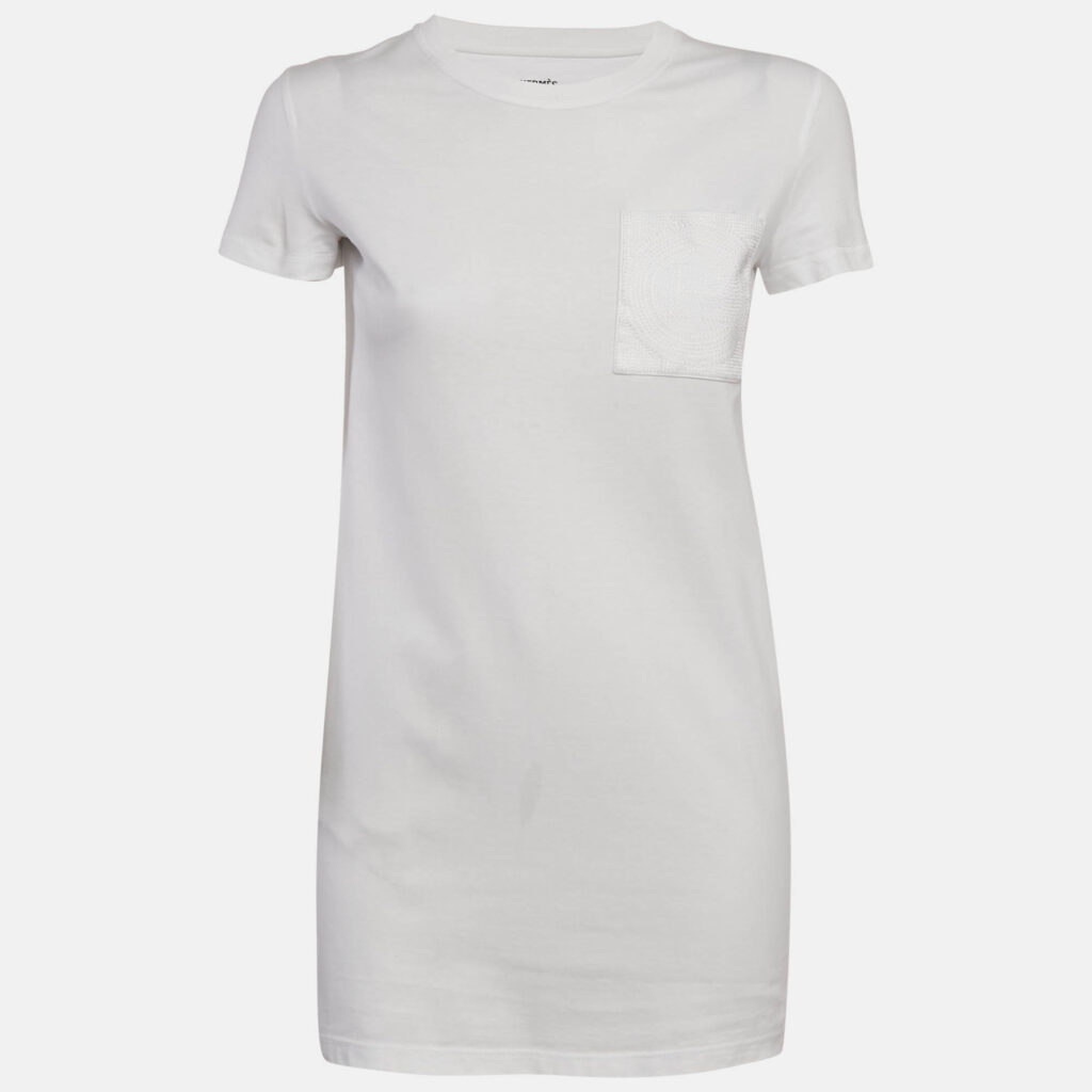 luxury-women-hermes-used-clothes-p1115901-001 Hermès White Embroidered Pocket Jersey T-Shirt Dress S