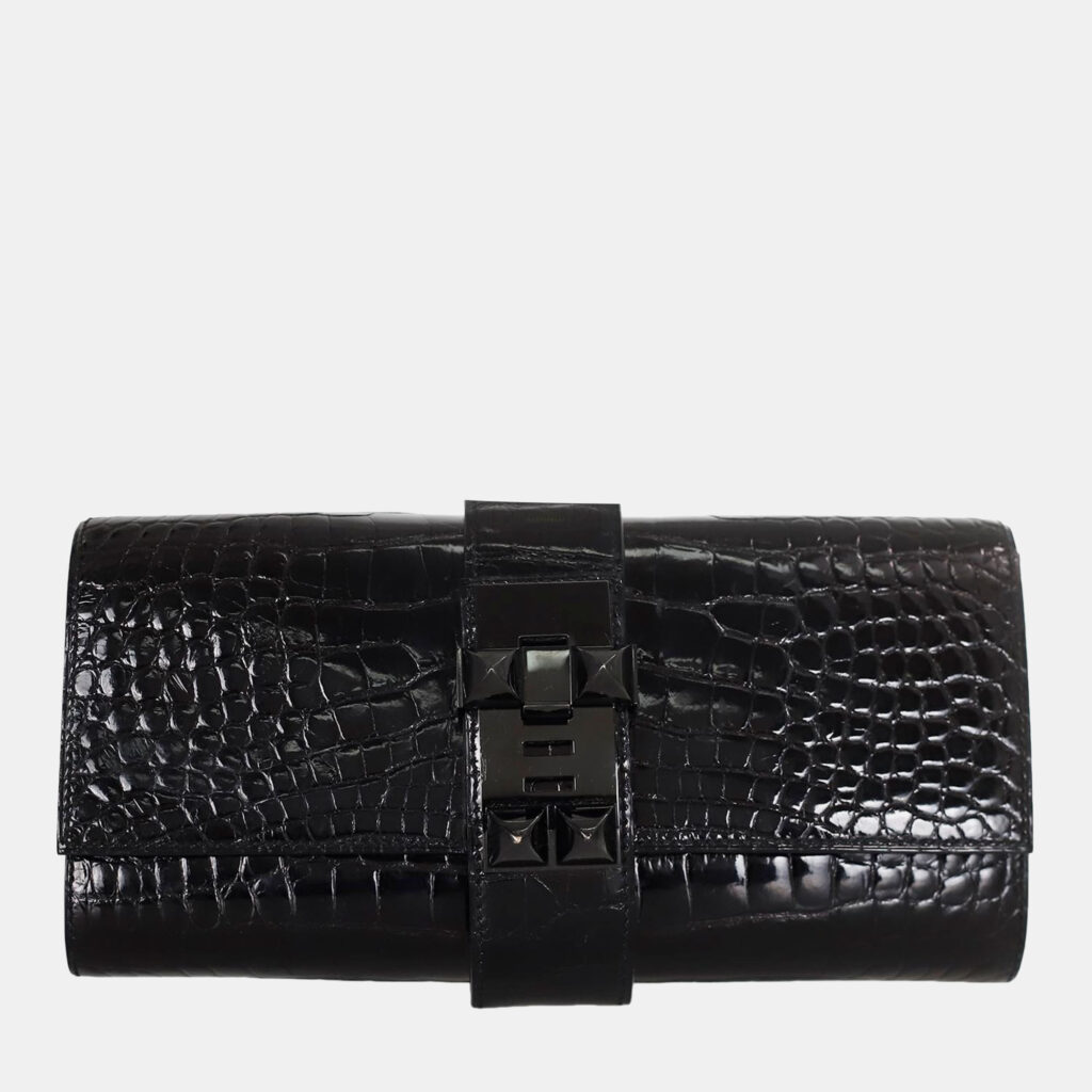 luxury-women-hermes-used-handbags-p1082281-001 Hermes Shiny Alligator So Black Medor Clutch