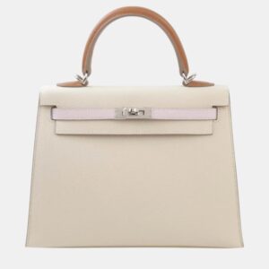 Hermes Craie/Gold/Mauve Epsom Leather Palladium Finish Kelly Sellier 25