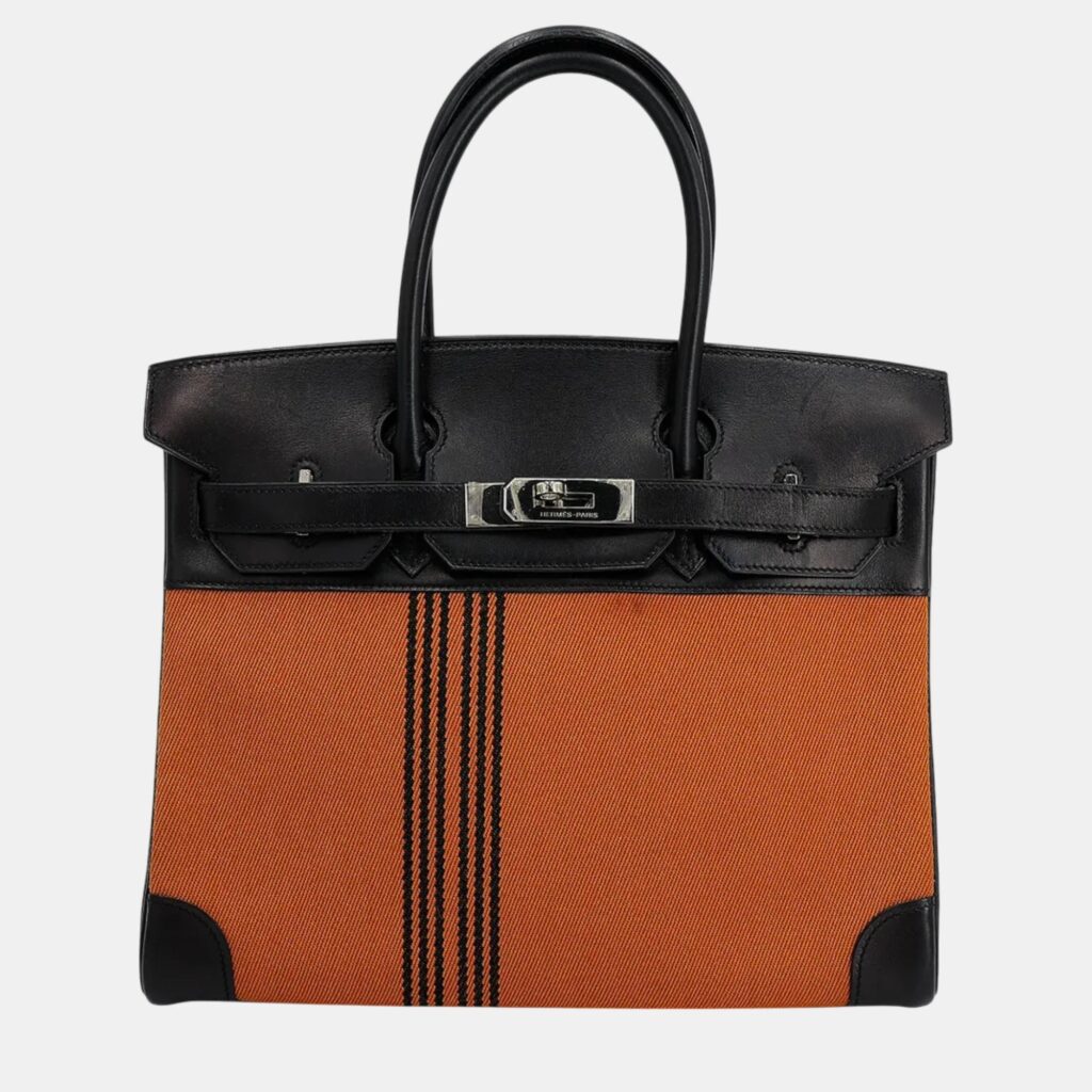 luxury-women-hermes-used-handbags-p1102592-002 Hermes Orange/Black Toile H Box Calf Leather Birkin 30 Bag