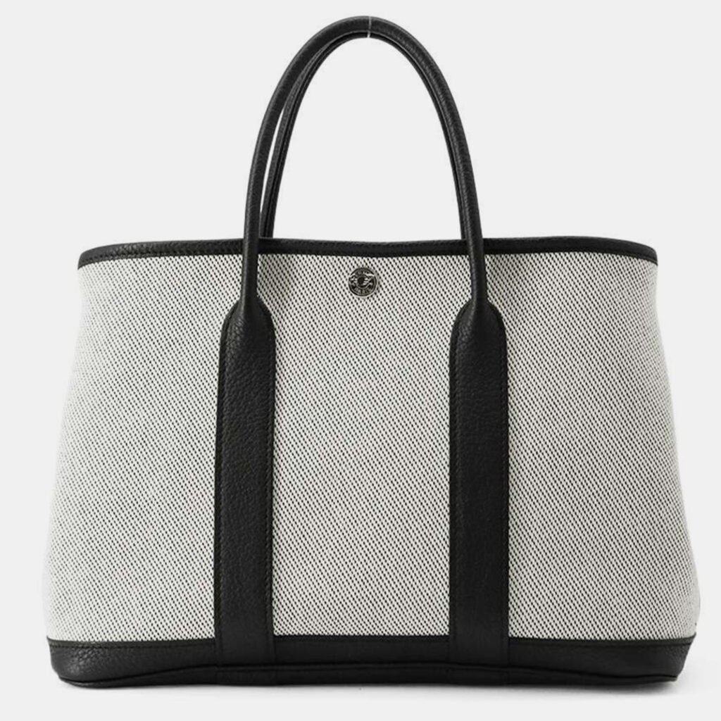 luxury-women-hermes-used-handbags-p1111205-001 Hermes Ecru/Black Negonda Leather Toile H Garden Party TPM Bag