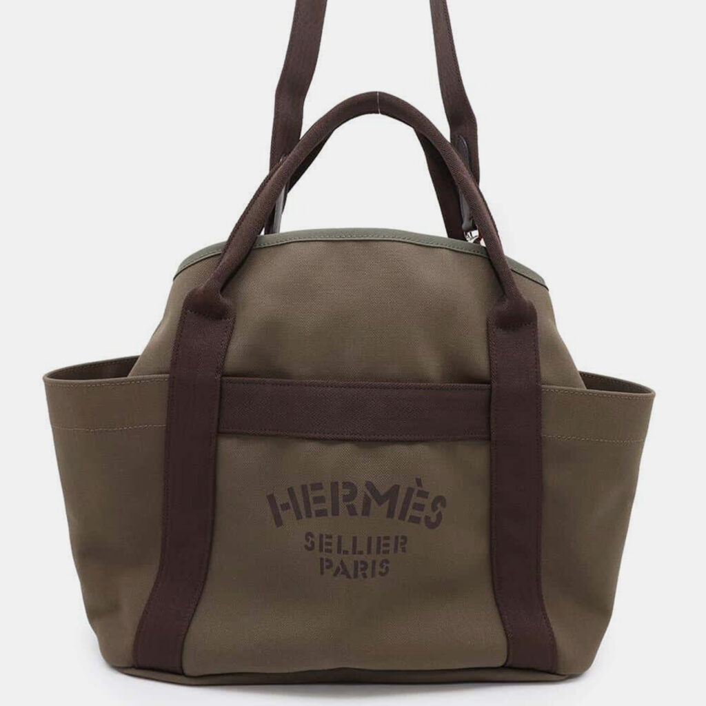 luxury-women-hermes-used-handbags-p1111215-002 Hermes Groom Khaki/Fu Canvas Leather Sac De Pansage Bag
