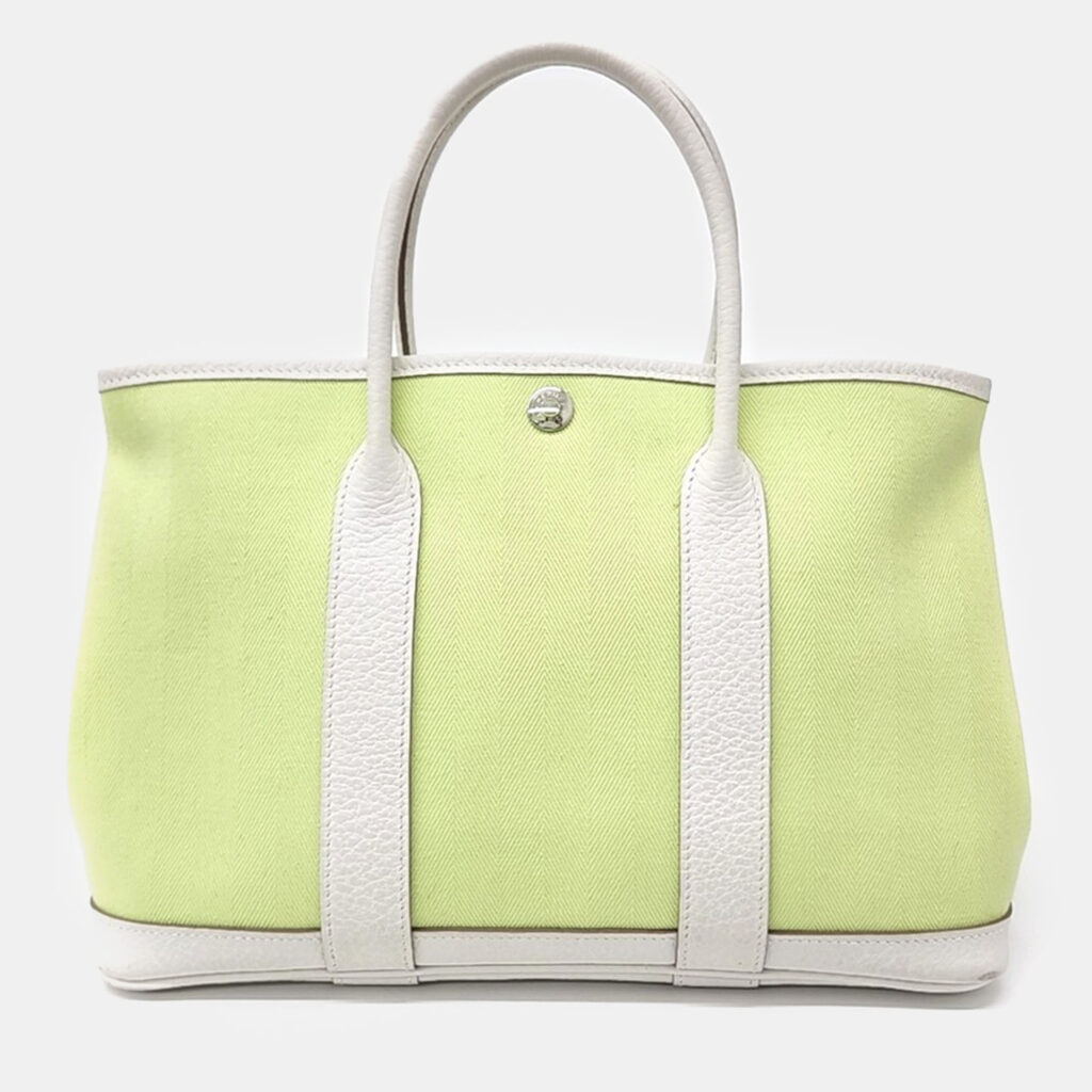 luxury-women-hermes-used-handbags-p1111930-001 Hermes White Yellow Canvas And Leather Garden Party 30 Bag