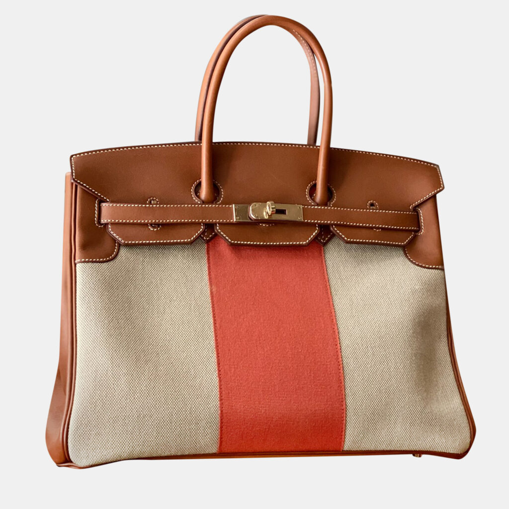 luxury-women-hermes-used-handbags-p1131817-007 Hermes Fauve, Naturel and Paprika Toile and Barenia Flag Birkin 35 Handbag