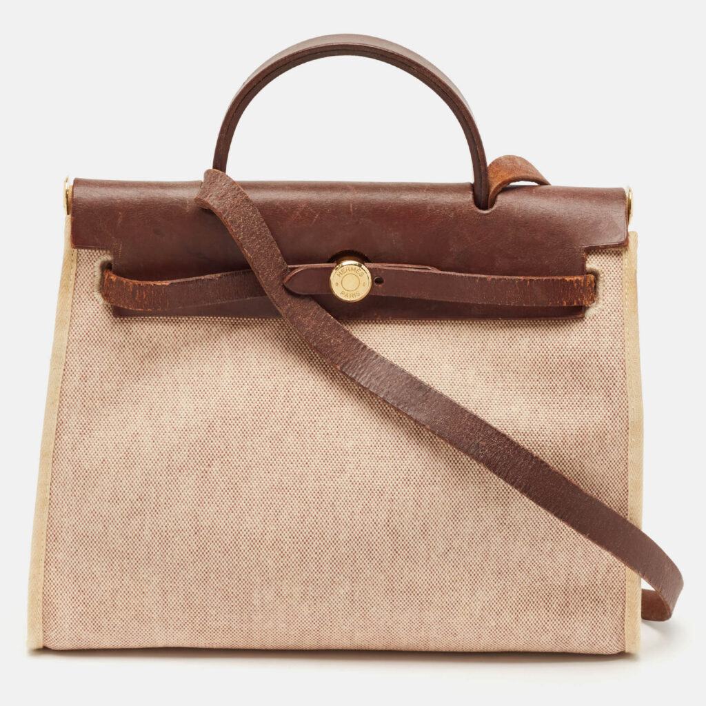 luxury-women-hermes-used-handbags-p1133830-016 Hermès Marron Fonce Toile Canvas and Leather Herbag 31 Bag