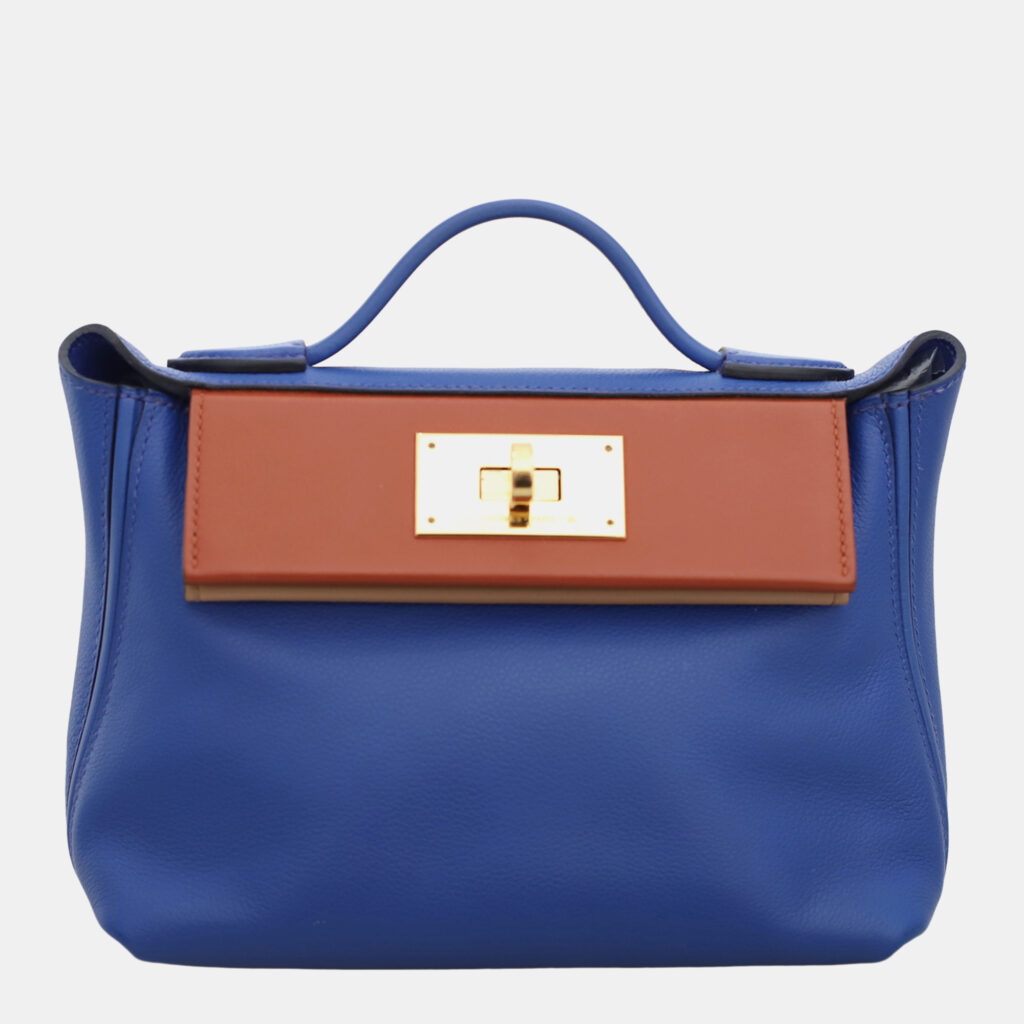 luxury-women-hermes-used-handbags-p1147250-004 Hermes Blue Royal, Cuivre & Chai Evercolor and Swift Leather Tri-Color Mini 24/24 Shoulder Bag