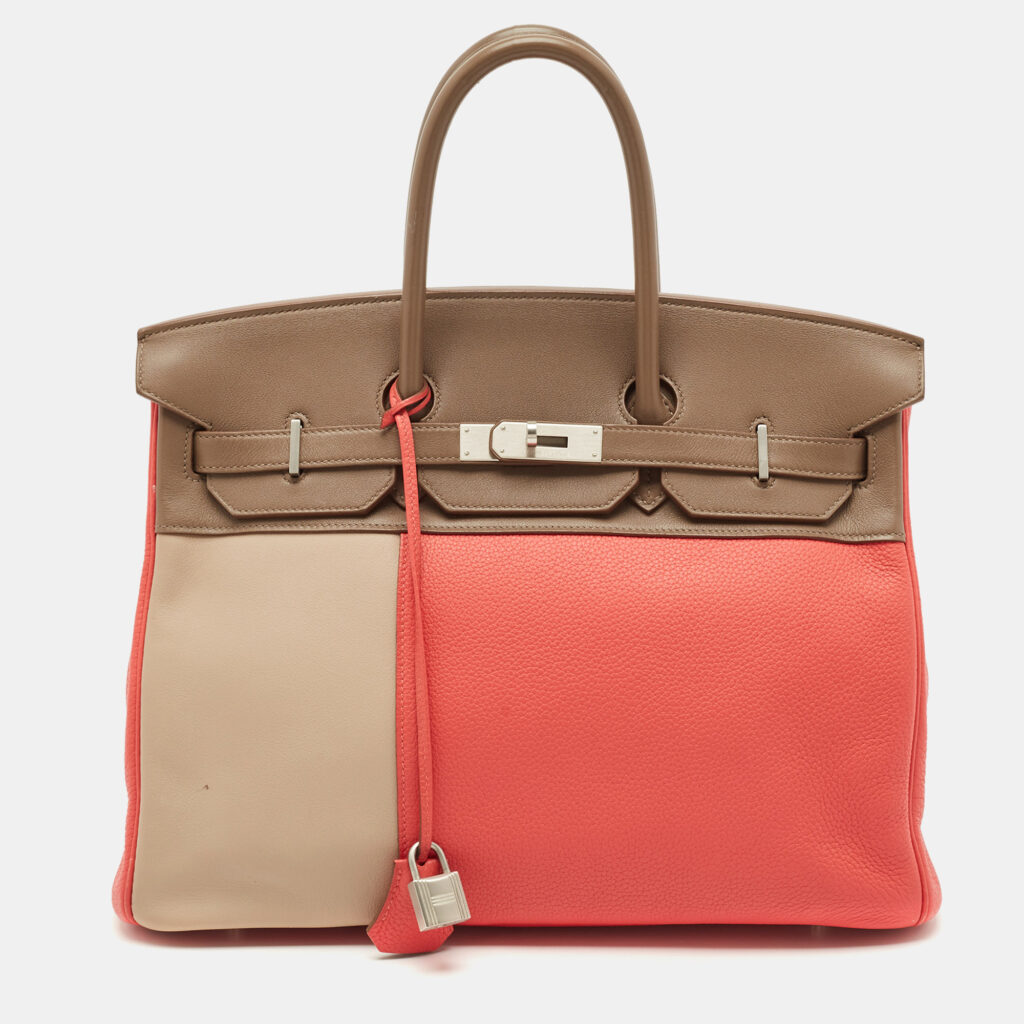 luxury-women-hermes-used-handbags-p1148968-020 Hermes Rose Jaipur/Argile/Etoupe Taurillon Clemence and Swift Leather Brushed Palladium Finish Birkin 35 Bag