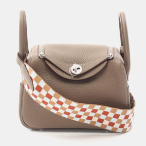 Hermes Etoupe Grey Maxi-Quadrille Taurillon Clemence Leather Lindy Mini Crossbody Bag