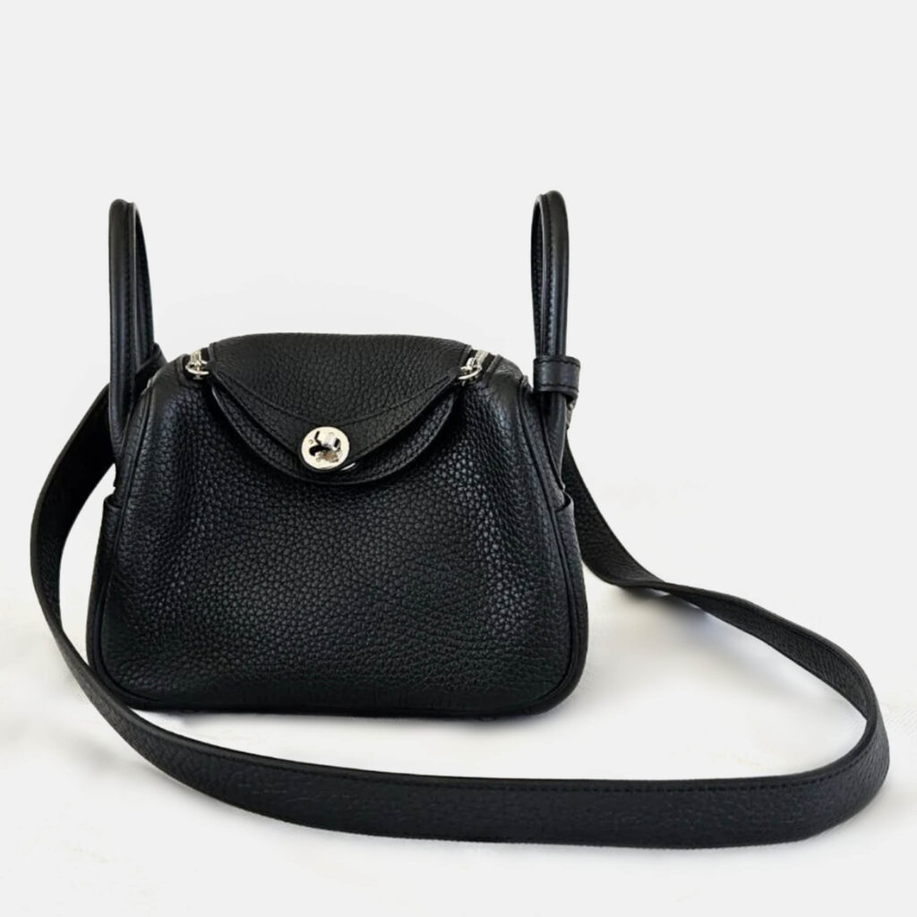luxury-women-hermes-used-handbags-p1152614-006 Hermes Noir Taurillon Clemence Leather Palladium Finish Mini Lindy