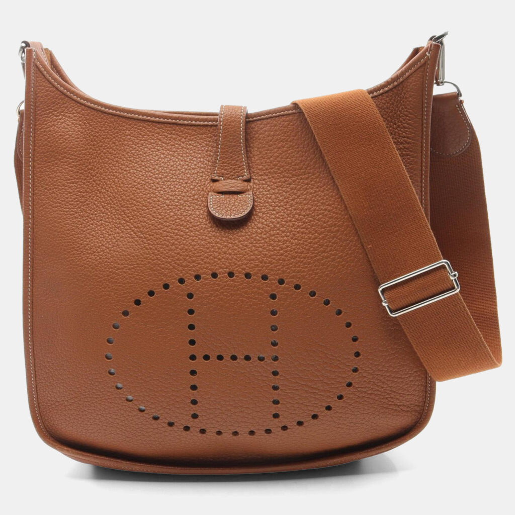 luxury-women-hermes-used-handbags-p1157004-001 Hermes Gold Taurillon Clemence Evelyne Crossbody Bag GM