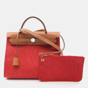 Hermes  Red/Brown Toile and Leather Herbag Zip 31 Handbag