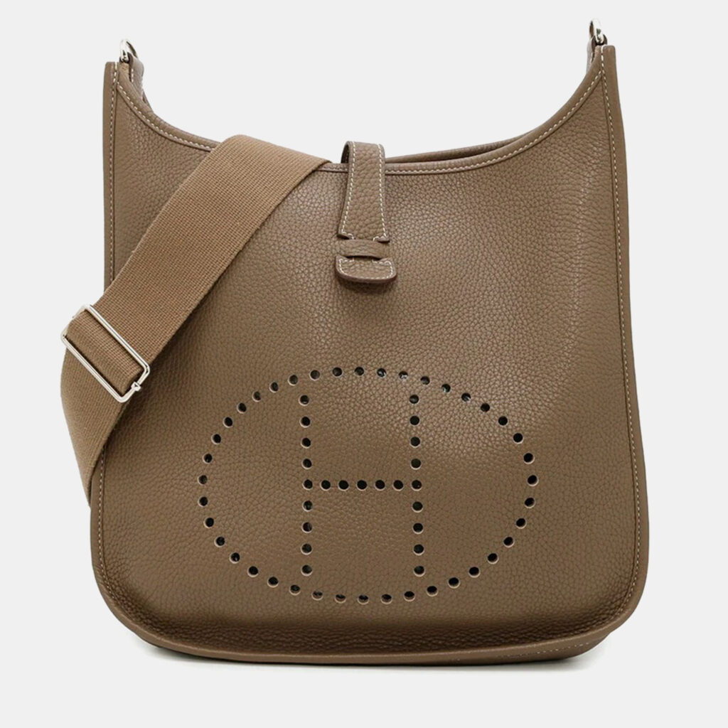 luxury-women-hermes-used-handbags-p1168582-001 Hermes Evelyne III Etoupe Taurillon Clemence PM Shoulder Bag